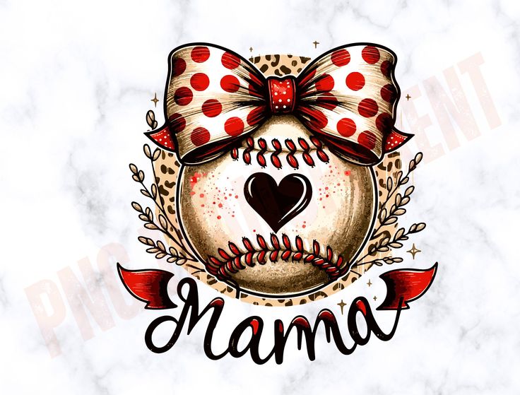 a baseball with a bow on it and the word mama written in black ink is surrounded by red polka dots