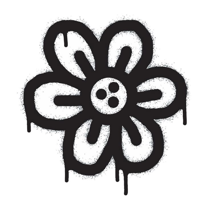 a black and white drawing of a flower with drops of paint on it's petals