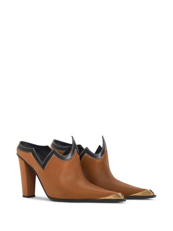 ETRO cowboy-style Leather Mules - Farfetch Brown Calf Leather Slip-on Mules, Western Leather Mules With Pointed Toe, Western Style Leather Mules With Pointed Toe, Western Leather Mules For Fall, Leather Mules With Contrasting Heel Counter And Pointed Toe, Leather High Heel Mules With Contrasting Heel Counter, Western Style Leather Heels With Pointed Toe, Brown Reinforced Heel Mules For Fall, Brown Pointed Toe Boots With Contrasting Heel