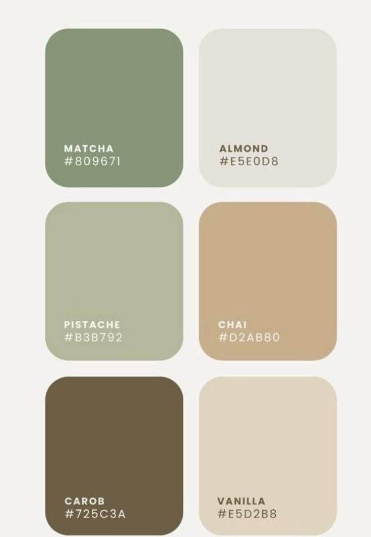 four different shades of green, brown and white with the words match in each color