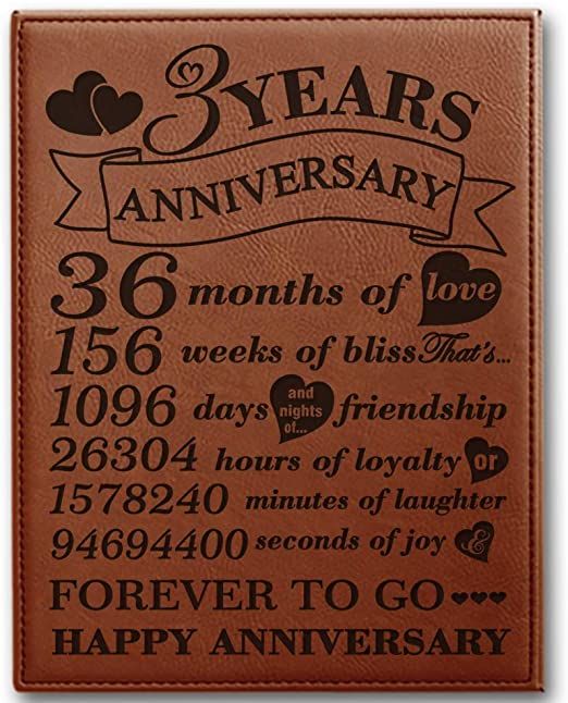 a brown leather anniversary card case with the words, years and dates printed on it