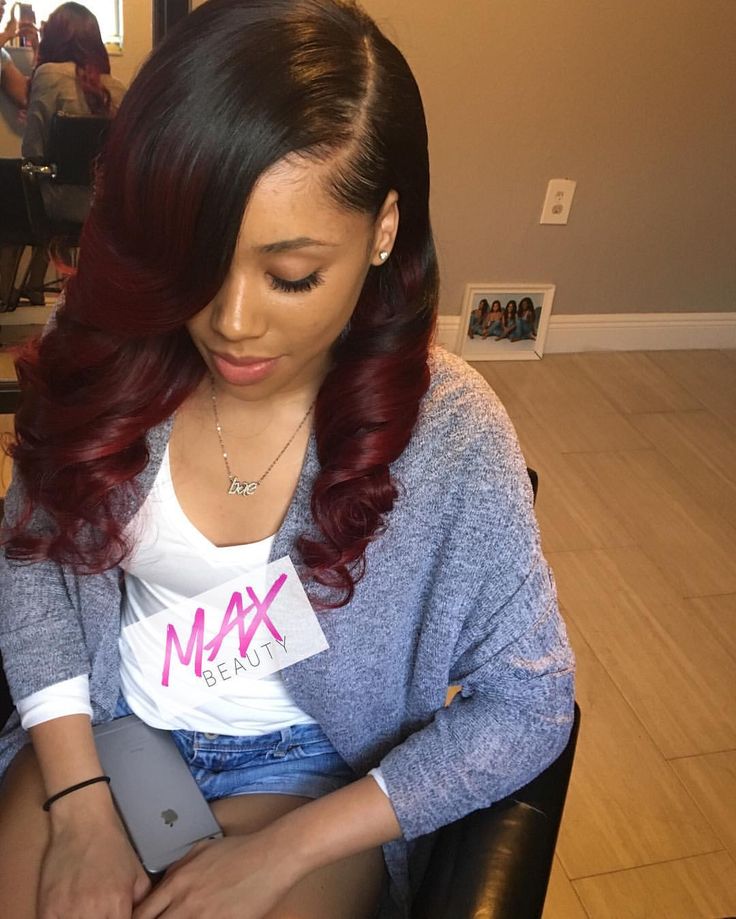 Black cherry  Full sew in with curls using 4 bundles of Brazilian straight purchased and custom color by us  Max Doll : @mayukothedoll African American Layered Hairstyles, Sew In Curls, Sew In Hairstyles, Sew In Weave, Sew Ins, Hair Laid, Sew In, Black Cherry, Love Hair