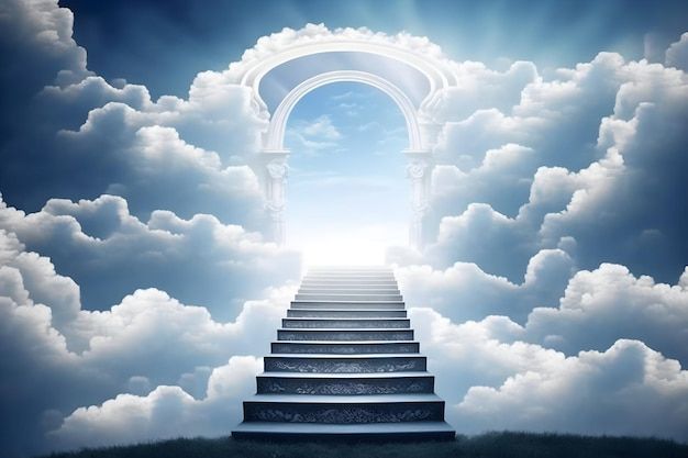 an open door leading to the sky with stairs going up into it and clouds in the background