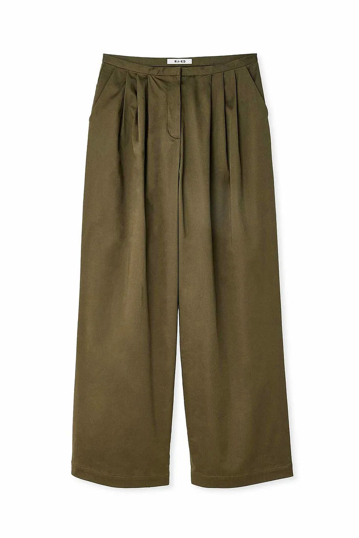 Cotton Mid Waist Trousers Uzun Boy, Hook And Eye, Wide Legs, Trousers, Zipper, Green, Wide Leg