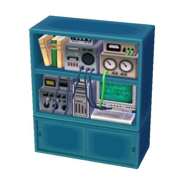 a blue shelf with electronic equipment on it