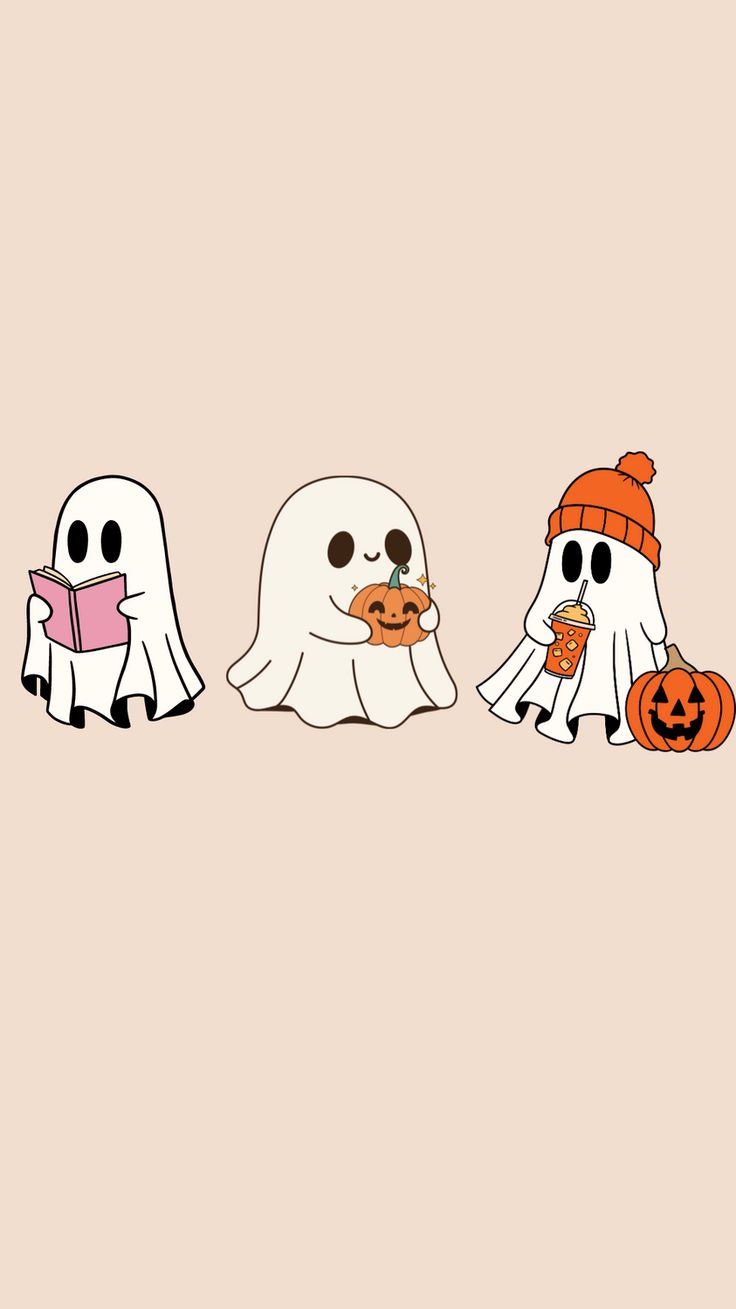 three halloween ghostes with pumpkins and one is holding a book in their hands