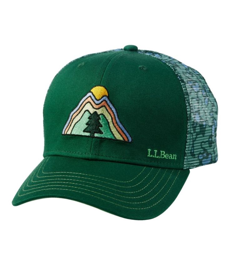 a green hat with a mountain scene on the front and trees on the back, embroidered in