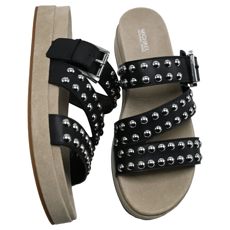 Michael Kors Women's Ansel Studded Leather Slide Sandal Size: 8m Featuring A Leather And Textile Upper, Add Plenty Of Comfort To Your Casual Style Wearing The Michael Michael Kors Gertie Lace-Up Sneaker With A Padded Tongue And Collar. Style# 40s0anfp1l Color: Black Slide Sandal Leather Lining: Leather Sole: Rubberopen Toe Slip On Size: 8m Brand New With Box 100% Authentic Leather Platform Footbed Sandals With Flat Heel, Leather Platform Footbed Flat Sandals, Flat Leather Platform Sandals, Michael Kors Synthetic Sandals With Heel Strap, Michael Kors Leather Sandals For Summer, Michael Kors Leather Sandals For Spring, Michael Kors Open Toe Sandals In Synthetic Material, Michael Kors Open Toe Synthetic Sandals, Michael Kors Sandals With Buckle Closure For Spring