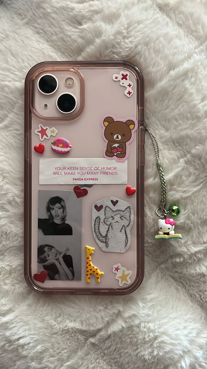 an iphone case with pictures and stickers on it