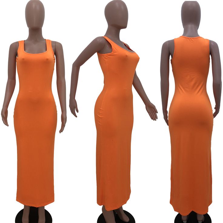 Sexy Sleeveless U-neck Solid-color Mid-waist Dress Stretch Orange Sleeveless Dress For Party, Orange Stretch Sleeveless Dress For Party, Orange Sleeveless Maxi Dress For Party, Sleeveless Bodycon Solid Color Dress, Sleeveless Bodycon Dress In Solid Color, Orange Halter Neck Club Dress, Solid Color Stretch Sleeveless Dress, Sleeveless Stretch Maxi Dress For Club, Casual Backless Sleeveless Dress For Club