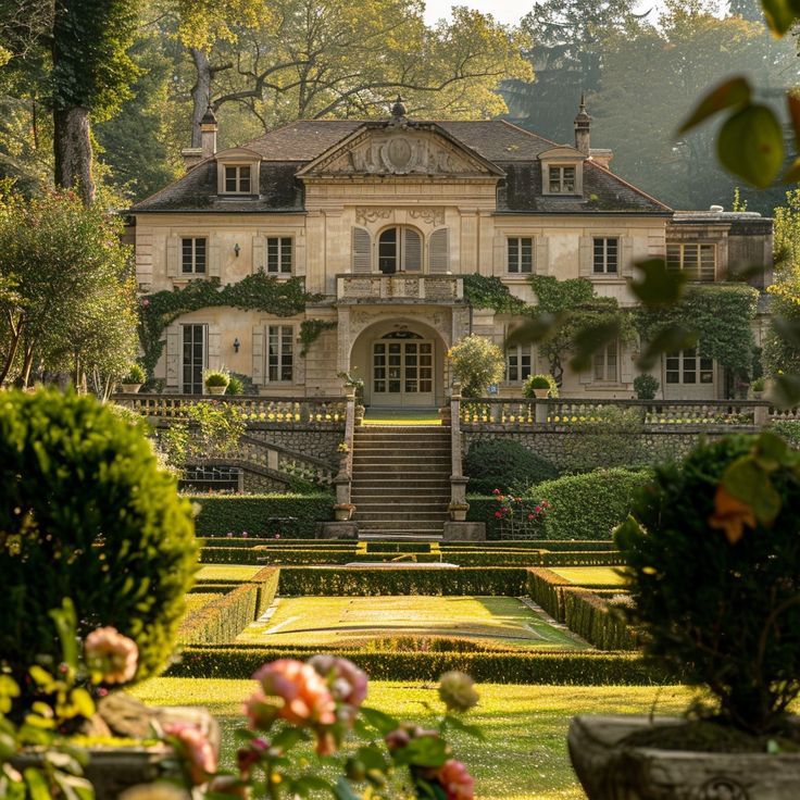 a large house with lots of trees and bushes around it