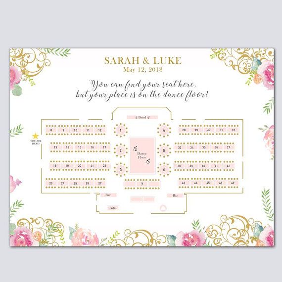 a seating plan for a wedding with pink flowers and gold trimmings on it