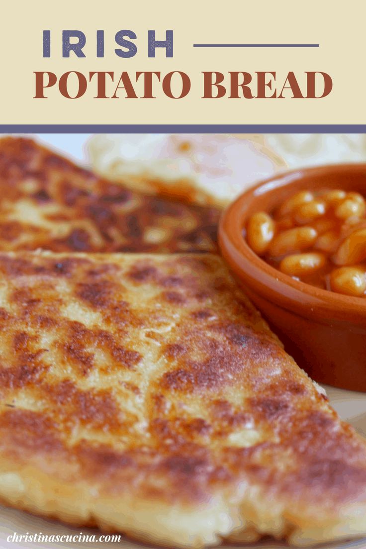 a close up of food on a plate with text overlay that reads irish potato bread