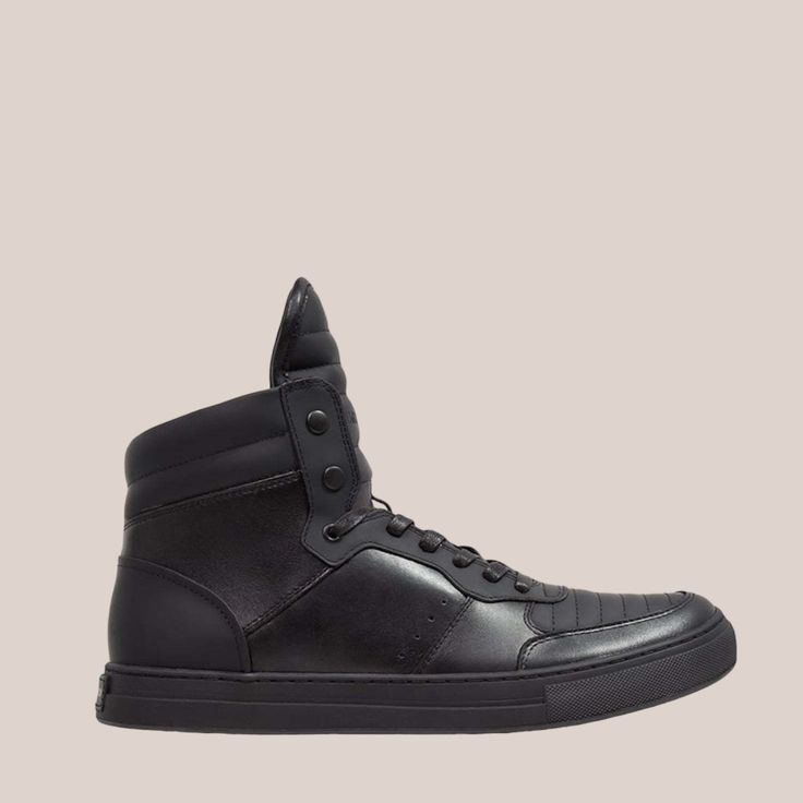 Condition: Brand New With Box Color: Black Material: Leather Width: Medium Features: 100% Leather Rubber Sole Snap Closure At Tongue Detail Stitching On The Toe Classic Black High-top Sneakers, Classic Black High-top Sneakers With Contrast Sole, Business High-top Leather Sneakers, Black Leather Casual Sneakers, Casual Black Leather Sneakers, Modern Black Sneakers With Rubber Heel Cap, Black Business Sneakers With Perforated Toe Box, Casual Matte Black Streetwear Sneakers, Casual Matte Black Sneakers For Streetwear