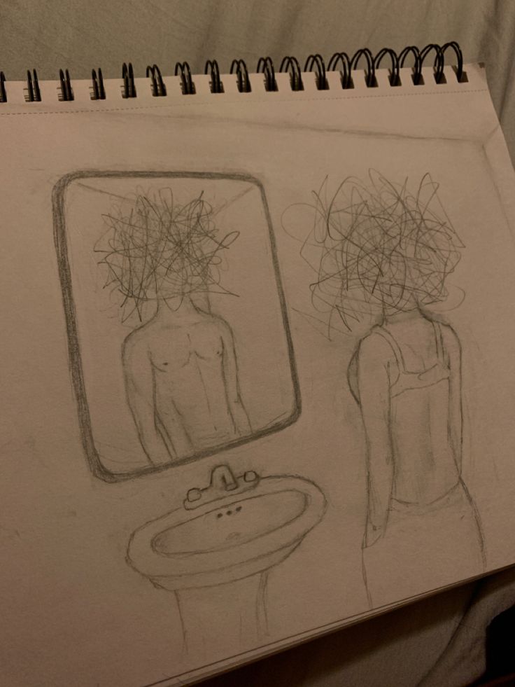 a drawing of a person standing in front of a mirror with hair on their head