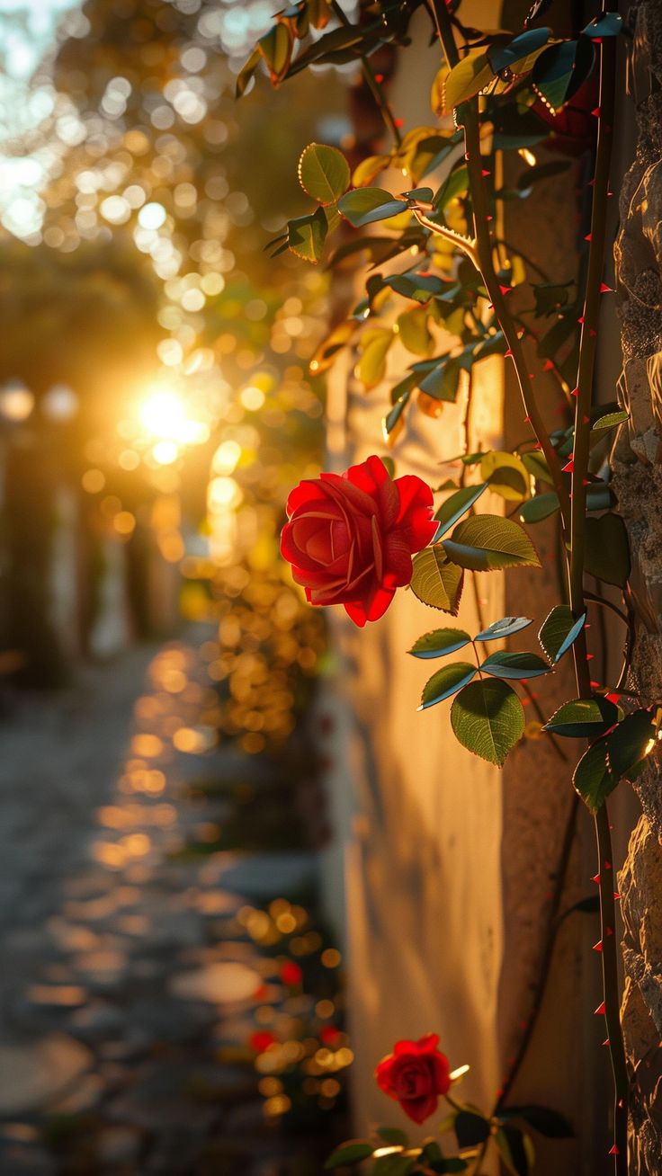 a rose growing on the side of a building next to a wall with sunlight coming through it