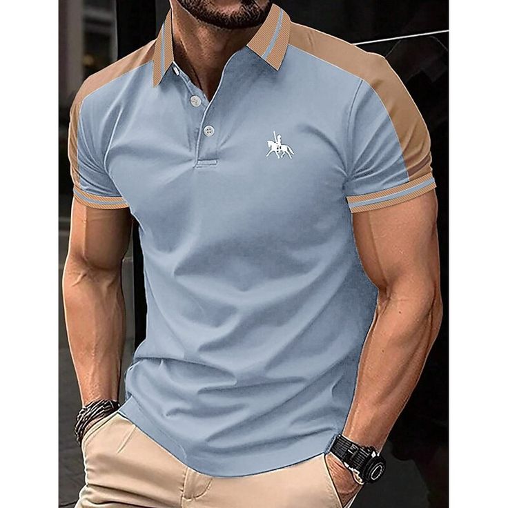 Season:Summer; Fabric:Polyester; Sleeve Length:Short Sleeve; Look After Me:Washable,Wet and Dry Cleaning; Gender:Men's; Style:Basic,Fashion,Comfortable; Elasticity:Micro-elastic; Tops Type:Polo Shirts,Golf Shirt,Button Up Polos; Occasion:Holiday,Casual; Fit Type:Regular Fit; Pattern:Color Block; Design:Patchwork,Embroidered; Neckline:Lapel; Brand:OUKU; Listing Date:12/18/2023; Bust:; Length:; Shoulder Width:; Sleeve: Slim Fit Short Sleeve Polo Shirt For Summer, Fitted Light Blue Short Sleeve Polo Shirt, Blue Fitted Polo Shirt For Summer, Fitted Blue Button-up Polo Shirt, Light Blue Summer Polo Shirt, Light Blue Cotton Polo Shirt For Summer, Light Blue Short Sleeve Polo Shirt For Summer, Light Blue Polo Shirt For Spring, Basic Fashion