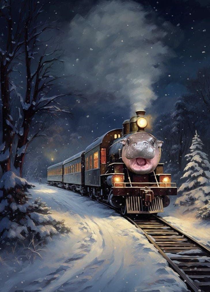 a painting of a train coming down the tracks with its mouth open and lights on