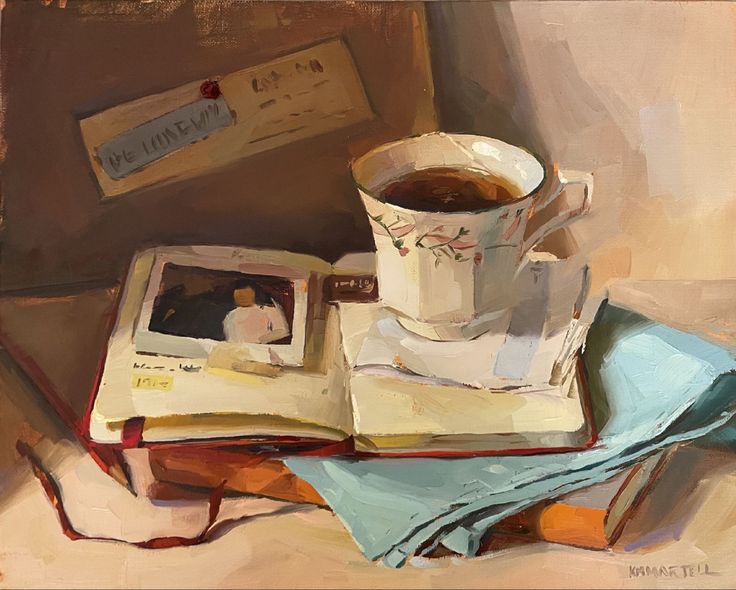 a painting of a cup of coffee and an open book