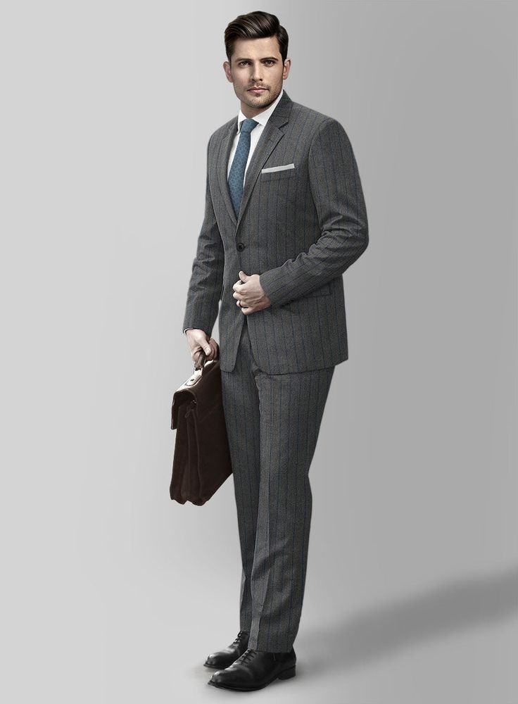 Enhance your appearance with our Loro Piana Antonella Wool Suit, showcasing a refined sense of elegance that defines your classy look. Meticulously crafted from pure wool fabric, The suit displays a polished stripe motif featuring a harmonious interplay of gray and distinguished blue hues. This amalgamation exudes an ageless charm, elevating it to the status of a true sartorial masterpiece. Whether you're attending a formal office meeting or a refined dinner event, this suit is designed to ensur Elegant Pinstripe Suit With Suit Collar, Elegant Tailored Pinstripe Three-piece Suit, Elegant Pinstripe Tailored Three-piece Suit, Elegant Striped Double-breasted Suit For Office, Elegant Pinstripe Suits For Work, Elegant Pinstripe Suit For Formal Occasions, Elegant Striped Double Breasted Suit For Semi-formal Occasions, Elegant Fitted Pinstripe Double Breasted Suit, Elegant Striped Suits For Semi-formal Occasions