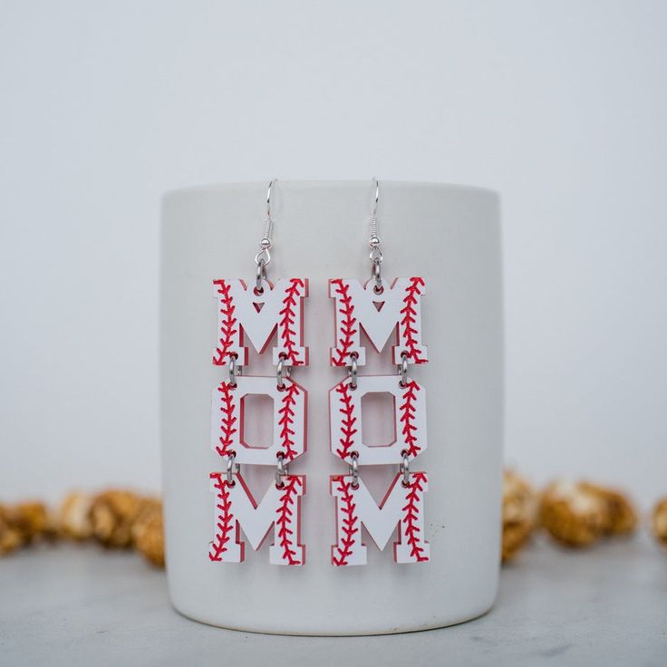 Red & White Baseball Mom Letter Dangles Sweet Roo Bou LLC Personalized White Earrings For Mother's Day, Custom Name White Earrings As A Gift, White Letter Jewelry For Mother's Day, White Letter-shaped Jewelry For Mother's Day, Personalized White Earrings For Birthday, Mom Earrings, Wood Dangle Earrings, Clear Plastic Bags, Baseball Mom