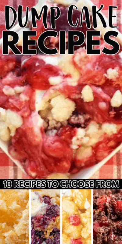 the cover of dump cake recipes is shown with pictures of different desserts and toppings