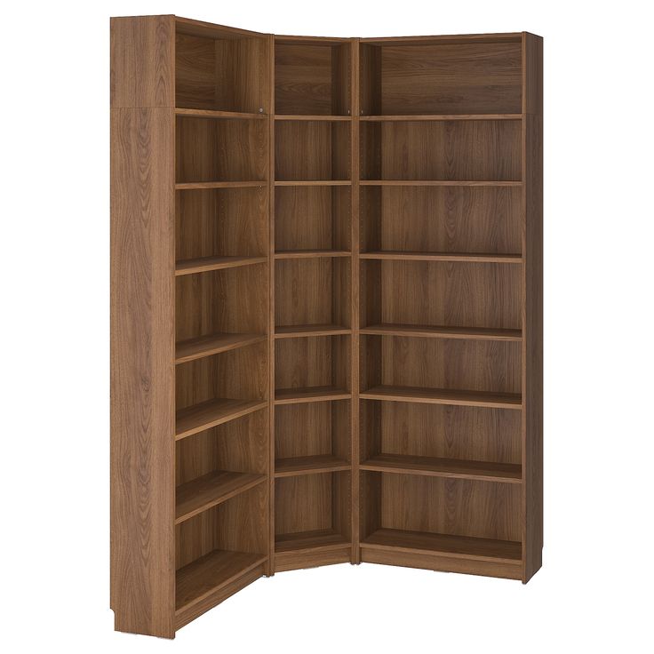 an open wooden bookcase with shelves on both sides and one section closed to reveal the contents