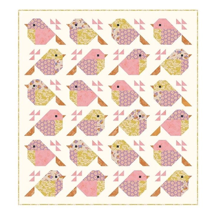 a quilt pattern with pink and gold birds on the front, one bird is in the middle