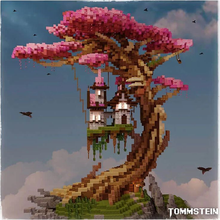 a tree house with pink flowers in the branches and birds flying around it on a cloudy day