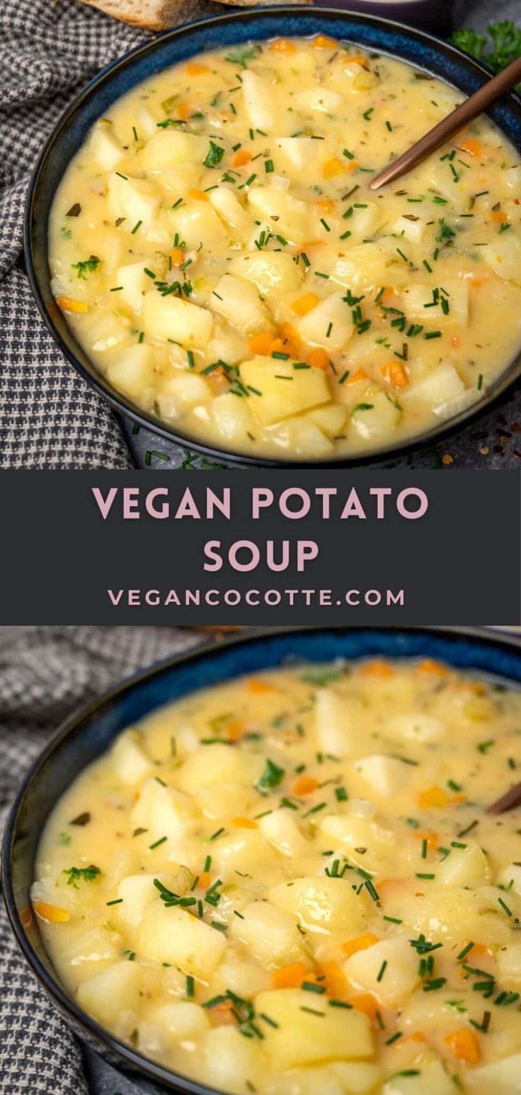 two bowls filled with vegan potato soup