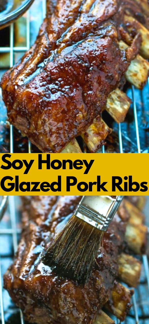 the bbq ribs are being grilled and covered with honey glazeed pork ribs