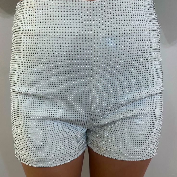 New With Tags Rhinestone Studded Shorts Size L High Waist Bottoms With Rhinestones For Night Out, High Waist Rhinestone Bottoms For Night Out, Silver Bottoms With Rhinestones For Night Out, Glamorous Embellished Summer Bottoms, Rhinestone Party Shorts, Rhinestone Embellished Shorts For Night Out, White Rhinestone Bottoms For Summer, Silver Sequined Summer Bottoms, High Waist Party Shorts With Rhinestones