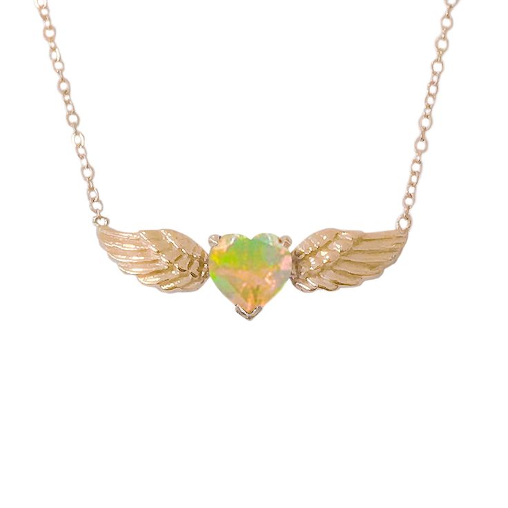 "This uniquely detailed necklace is composed of 14K solid gold and set with a genuine AAA quality heart cut natural real Opal gemstone. This piece is adjustable in length, from 14 to 16\" or 16 to 18\" NOTE: Due to the gemstone being a natural real opal the hue and saturation may vary from what is provided in the photos. In addition, this design can be customized to any precious gemstone desired. Kindly send us a \"Custom Order Request\" or email info@nanabijoujewelry.com for further assistance Flying Heart, Solid Necklace, Detailed Necklace, Turquoise Heart, Solid Gold Chains, Fine Jewelry Designers, Genuine Turquoise, Opal Necklace, Gold Set