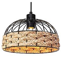 the light fixture is made out of woven material and has an iron cage design on it