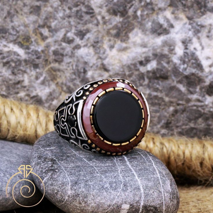 Men's onyx gemstone puzzle statement ring which will give you a head turning presence. This mystic, vintage style, engraved ring has a unique design for the polished, refined, and distinguished man. Perfect for casual and formal events, it will make your friends envious as you walk into the room full of confidence and pride. Looking for a unique, one of a kind GIFT FOR HIM, groomsman gift, father's day gift, teacher day gift? Look no further. This cool gemstone ring is the right answer and best Vintage Black Carved Rings, Unique Black Engraved Ring For Gift, Handmade Black Signet Ring Collectible, Black Handmade Vintage Engraved Ring, Vintage Black Engraved Handmade Ring, Vintage Black Handmade Engraved Ring, Handmade Vintage Black Engraved Ring, Vintage Handmade Black Engraved Ring, Black Engraved Rings For Collectors