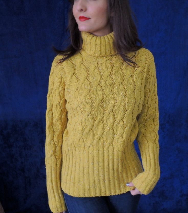 "Very difficult to find-- late 1950s or early1960s vintage very heavy wool turtleneck sweater in mustard yellow, a very popular muted color popular in the anti establishment movements.     The wool is woven in traditional cable knit style and has specks of white and darker colors, giving it a \"natural\" hand dyed look. A high thick turtleneck with cable knit front and back..  The sleeves and hem have wide borders of plain flat knitting, making the sweater more versatile and comfortable. The swe Vintage Mustard Sweater For Winter, Vintage Mustard Sweater For Fall, Bleach Dye Shirts, 1970s Sweater, Cable Knit Turtleneck, 70s Clothing, Cable Knit Turtleneck Sweater, Black Wool Coat, Coachella Outfit