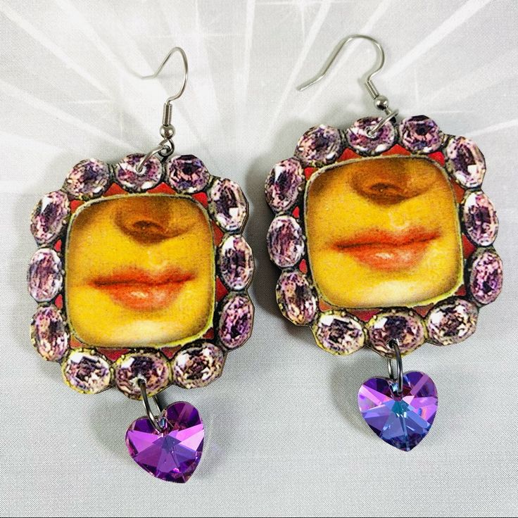 Victorian Lip Cabochon Image Earrings With Swarovski Crystal Drops All Of My Items Are Either One-Of-A-Kind, Vintage, Gently Worn Or Made In Very Limited Quantities, So If Something Catches Your Eye, Snap It Up Before Someone Else Does. Heart-shaped Purple Jewelry For Party, Heart Shaped Purple Jewelry For Party, Purple Heart-shaped Jewelry For Party, Purple Crystal Metal Earrings For Party, Unique Purple Jeweled Dangle Jewelry, Crystal Jeweled Earrings For Gift, Crystal Jewel Earrings For Gifts, Purple Crystal Jeweled Earrings, Crystal Jewels Earrings For Gifts