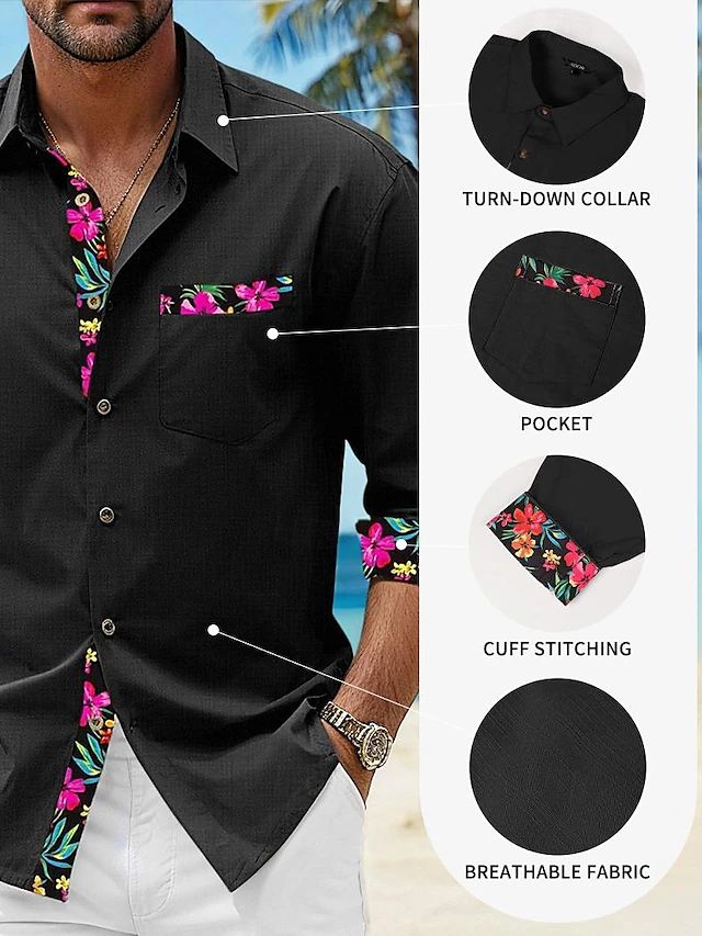 Homme Chemise Chemise Lin Chemisette Chemise d'été Tenues de plage Chemise boutonnée Noir Blanche Rose Claire Bleu manche longue Floral Revers Printemps & Automne Casual du quotidien Vêtement Tenue de 2024 ? $23.99 Black Long Sleeve Shirt For Vacation, Black Collared Shirt For Beach Season, Black Long Sleeve Shirt For The Beach, Black Buttoned Tops For Vacation, Black Button-up Shirt For Vacation, Black Beach Shirt With Pockets, Black Beach Tops With Pockets, Black Shirt For Beach Spring Season, Summer Beach Shirt With Button Cuffs