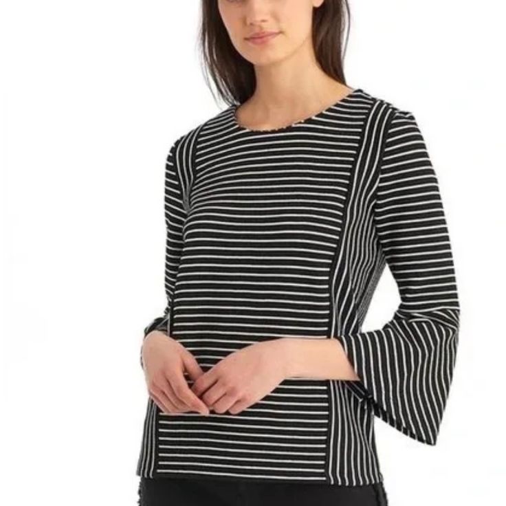 Nwt Karl Lagerfeld Paris Bell Sleeve Top Black White Striped Xl Bell Sleeves Exposed Back Zipper Pair With Spanx Pants Also In Closet Fabric Is Amazing Perfect Weight Complements Any Black Or White Pants Perfect For Travel - Packs Perfectly Versatile Take On Every Trip Neckline Is Gorgeous Svelte Look Flattering Lines Are Perfectly Placed Look Instantly Chic Resort Cruise Business Casual Career Interview Graduation Cocktail Special Event Wedding Perfect Outfit #Karllagerfeld #Metball2023 Striped Stretch Tops For Work, Stretch Striped Tops For Work, Fall Workwear Bell Sleeve Top, Bell Sleeve Tops For Fall Workwear, Fall Bell Sleeve Tops For Work, Fitted Bell Sleeve Tops For Work, Black Bell Sleeve Tops For Spring, Elegant Black Bell Sleeve Tops, Graduation Cocktail