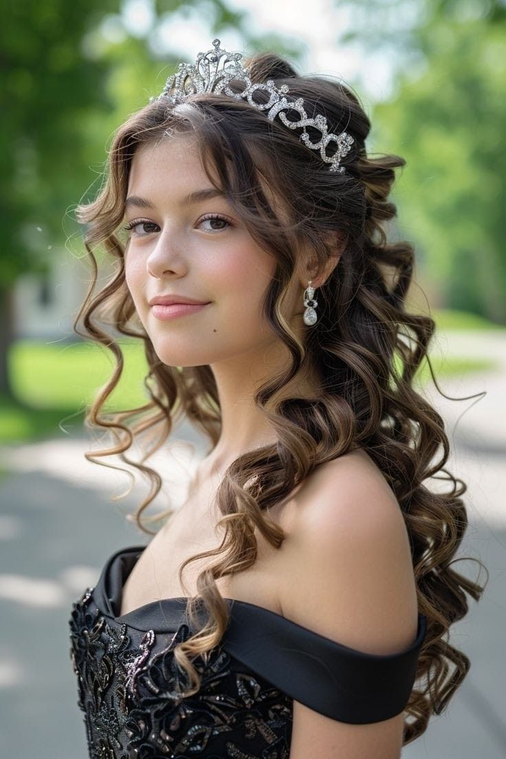 Curled Hair With Tiara, Hair Styles For Tiara, Half Updo With Tiara, Prom Crown Hairstyles, Crown Hairstyles Tiaras, Prom Hair Tiara, Hairstyles For Bday Party, Prom Hair With Tiara, Curly Hair With Tiara