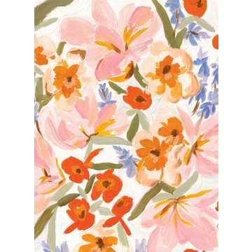 a painting of flowers on a white background with orange, pink and blue blooms in the center