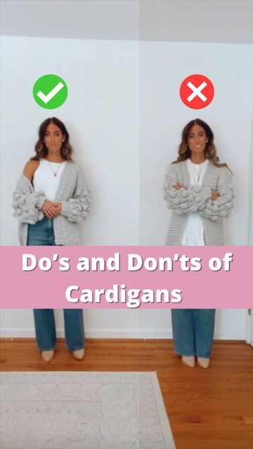 Style Tips | Amazon Fashion on Instagram: "✨The Do’s and Don’ts of Cardigans. Follow for more. Comment for links, DM me, or find everything linked in my profile. ✨These are suggestions. Of course, wear what makes you feel good and confident. #cardigan #cardigans #stylist #fallfashiontips #falltime #oversizedsweater #oversizedcardigan #stylish #stylingtips" Grey And White Cardigan Outfit, Kimono Sweaters & Cardigans, Cardigan Fall Outfit Aesthetic, Styles With Cardigans, Tshirt With Cardigan Outfit Graphic Tees, Woman’s Cardigan, How To Style Big Cardigans, Cardigan Length Guide, Mid Cardigan Outfit