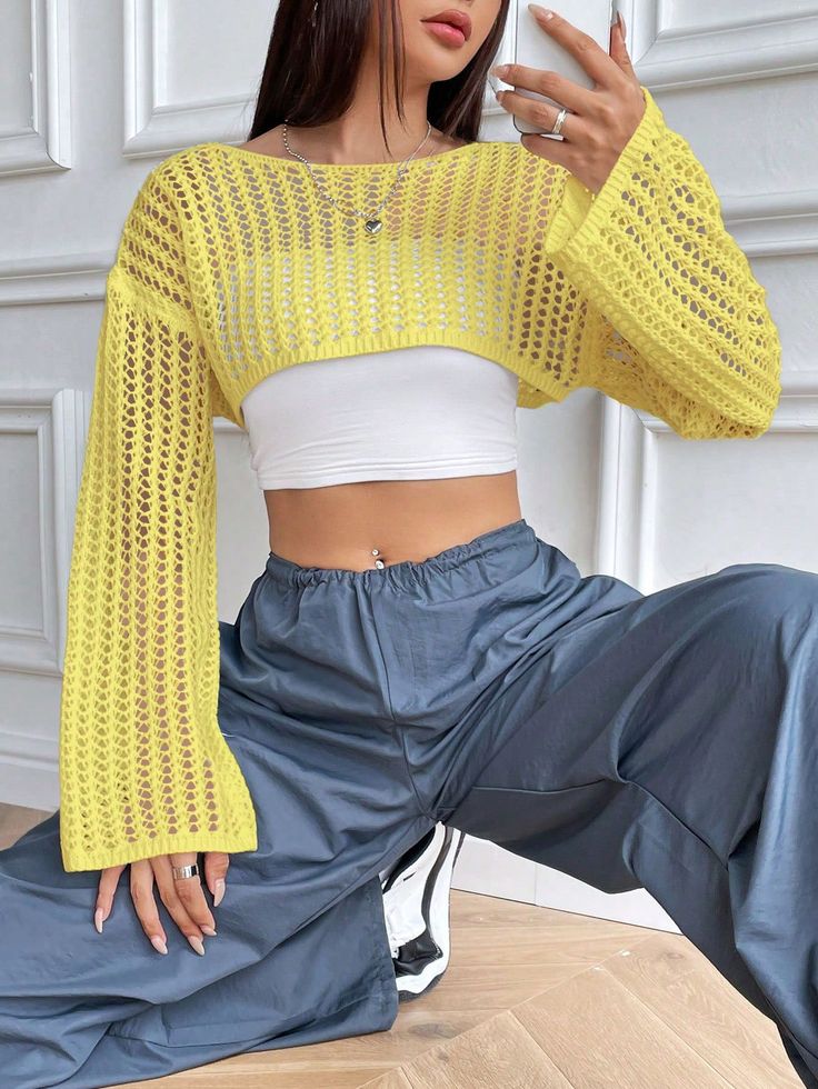 Drop Shoulder Open Knit Crop Sweater Without Cami Top Yellow Casual  Long Sleeve Fabric Plain Pullovers Slight Stretch Spring/Summer Women Clothing, size features are:Bust: ,Length: ,Sleeve Length: Crochet Fall Top, Yellow Crop Top Outfit, Cropped Sweater Outfit, Crop Pullover, Fishnet Top, Yellow Crop Top, Cropped Pullover, Reference Pictures, Yellow Knit