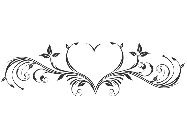 a black and white drawing of a heart with swirly vines on it's sides