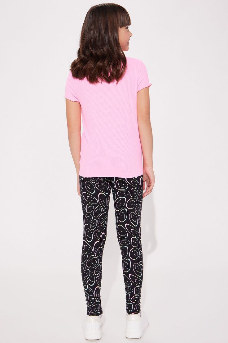 Available In Rose Gold. Legging Set Smiley Face Print Short Sleeve Top Front Tie Smiley Face Graphic Model Wears Size 10/12 Disclaimer: Print Placement Will Vary. 92% Polyester 8% Spandex Imported | Mini Smile At Me Sequins Legging Set in Black/Pink size 4/5 by Fashion Nova Stretch Pink Tops For Sleepover, Pink Stretch Short Sleeve Sets, Pink Stretchy Top For Playwear, Pink Stretch Top For Playwear, Stretch Pink Tops For Playwear, Black Pink Fashion, Smiley Face Graphic, Smiley Face Print, Sequin Leggings