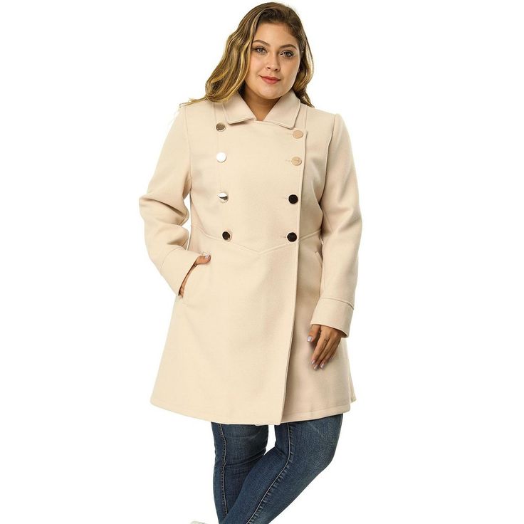 The Women's Plus Size Coats A-Line Peter Pan Collar Double Breasted Coat is a must-have for the chilly winter season. This stylish coat features a midi length and a unique Peter Pan collar design, adding a touch of urban uniqueness to your winter wardrobe. Suitable for daily wear, work, parties, social activities, coffee shop outings, and weekend gatherings.This coat is perfect for wearing during cold weather, whether it's for everyday activities or special occasions. Pair it with jeans and boot Beige Double-breasted Pea Coat For Winter, Cream Winter Pea Coat With Buttons, Cream Pea Coat With Buttons For Winter, Winter White Buttoned Outerwear For Fall, Cream Pea Coat For Winter, Beige Pea Coat With Buttons For Fall, Beige Buttoned Pea Coat For Fall, Fall Beige Pea Coat With Buttons, Winter White Double-breasted Outerwear