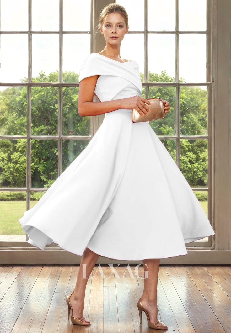 a woman standing in front of a window wearing a white dress with one shoulder and high heels