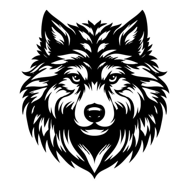 a black and white wolf head on a white background