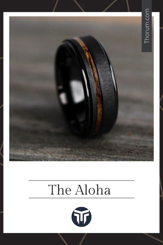 the aloha black ceramic ring with wood inlays is displayed on a card