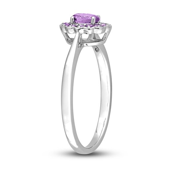 Embark on your forever journey together with this beautiful gemstone and promise ring. An exquisite oval-cut amethyst is simply radiant when embraced by a colorful halo of round-cut amethysts. The floral-inspired silhouette is fashioned in stylish sterling silver. Promise Ring Cheap, Simple Promise Ring, Ring Cheap, Cheap Promise Rings, Promise Rings Simple, Promise Rings For Her, Delicate Rings, Amethyst Gemstone, Promise Ring